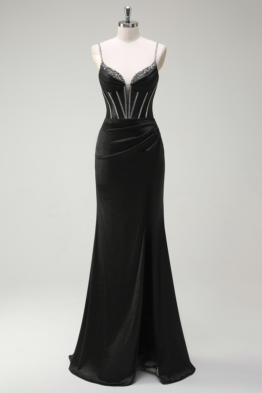 WEDTREND Women Sparkly Black Long Prom Dress With Slit Mermaid Spaghetti Straps Corset Rhinestone Formal Party Dress WEDTREND Women Sparkly Black Long Prom Dress With Slit Mermaid Spaghetti Straps Corset Rhinestone Formal Party Dress