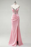 Sparkly Black Mermaid Spaghetti Straps Corset Rhinestone Long Prom Dress With Slit