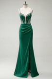 Sparkly Black Mermaid Spaghetti Straps Corset Rhinestone Long Prom Dress With Slit