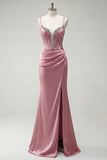 Sparkly Black Mermaid Spaghetti Straps Corset Rhinestone Long Prom Dress With Slit