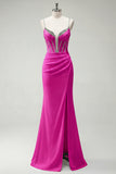Sparkly Black Mermaid Spaghetti Straps Corset Rhinestone Long Prom Dress With Slit