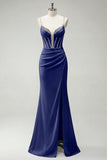 Sparkly Black Mermaid Spaghetti Straps Corset Rhinestone Long Prom Dress With Slit