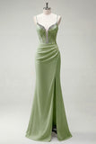 Sparkly Black Mermaid Spaghetti Straps Corset Rhinestone Long Prom Dress With Slit