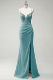 Sparkly Black Mermaid Spaghetti Straps Corset Rhinestone Long Prom Dress With Slit