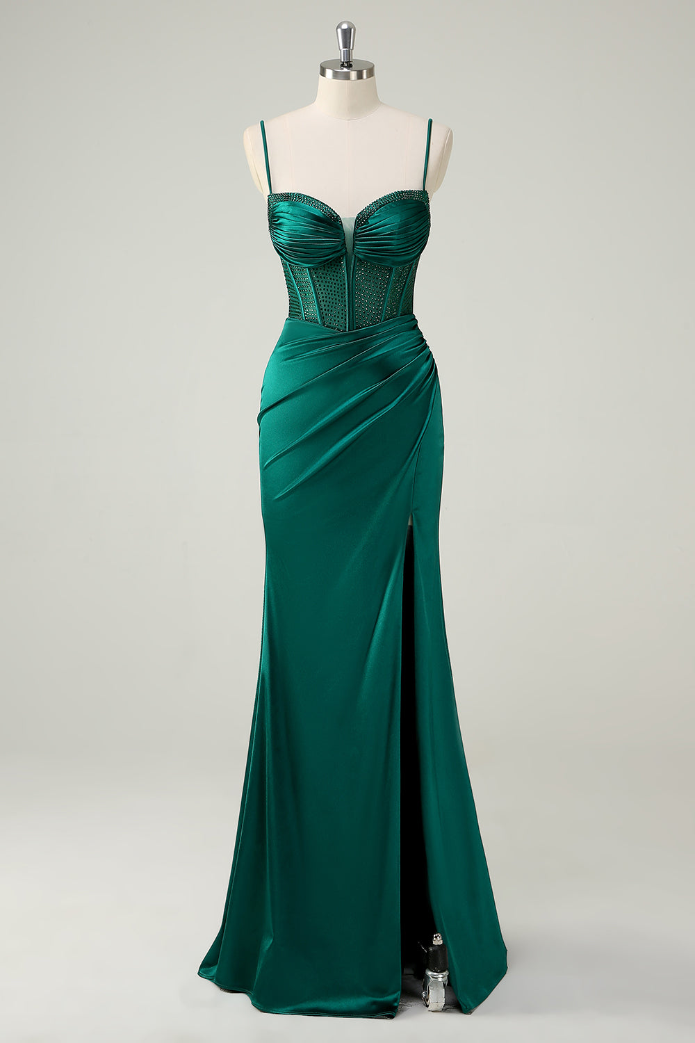 WEDTREND Women Mermaid Beaded Dark Green Prom Dress with Slit Corset Satin Ruched Spaghetti Straps Long Formal Dress WEDTREND Women Mermaid Beaded Dark Green Prom Dress with Slit Corset Satin Ruched Spaghetti Straps Long Formal Dress