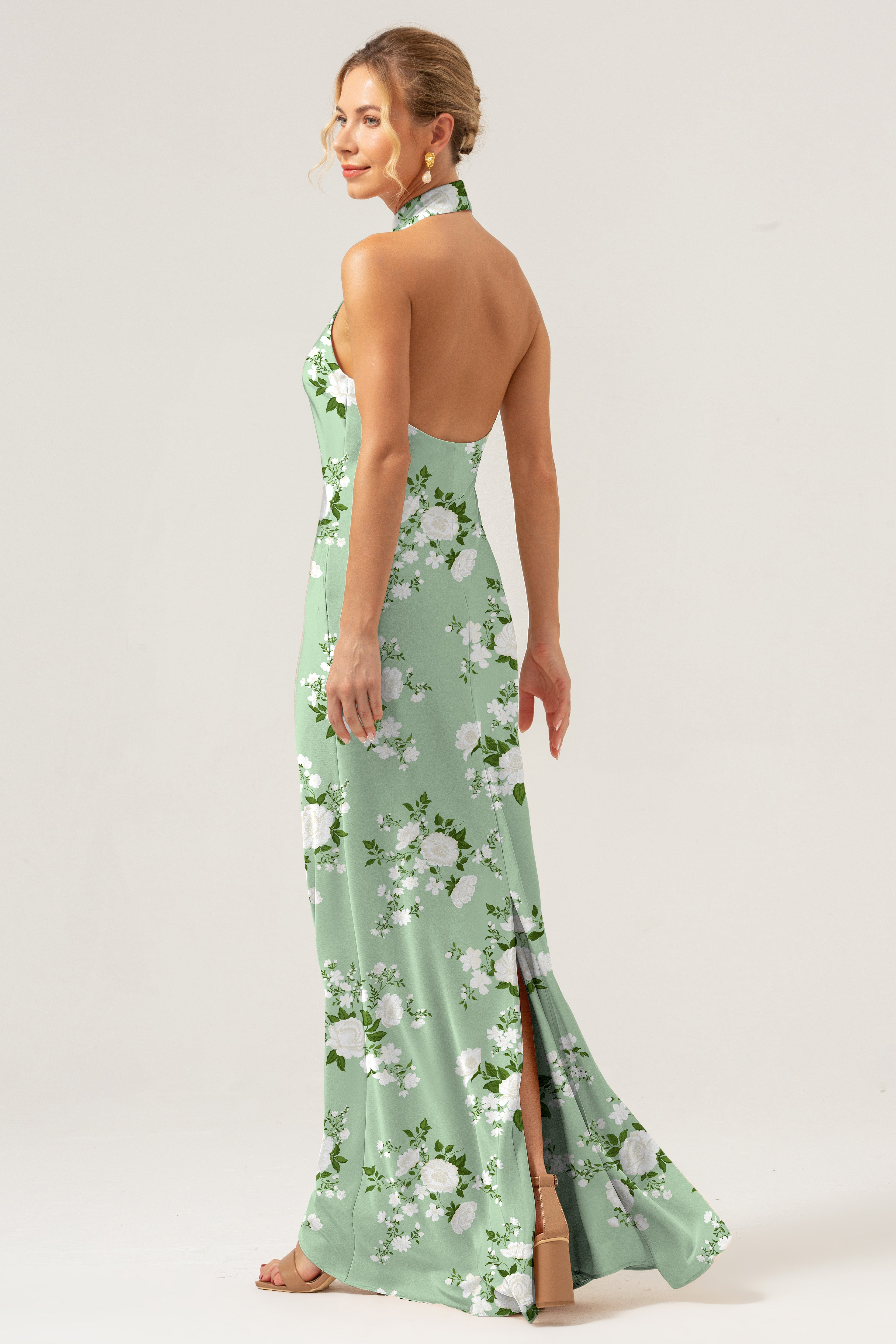 Wedtrend Women Sage White Flower Bridesmaid Dress with Slit Mermaid Halter Backless Long Satin Sheath Wedding Guest Dress WEDTREND Wedtrend Women Sage White Flower Bridesmaid Dress with Slit Mermaid Halter Backless Long Satin Sheath Wedding Guest Dress WEDTREND