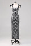 Sparkly Grey Sheath Tie Straps Leopard Long Formal Dress