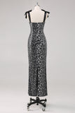 Sparkly Grey Sheath Tie Straps Leopard Long Formal Dress