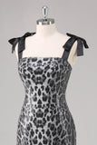 Sparkly Grey Sheath Tie Straps Leopard Long Formal Dress