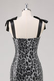 Sparkly Grey Sheath Tie Straps Leopard Long Formal Dress