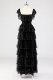 White A Line Square Neck Tiered Wedding Party Dress