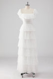 White A Line Square Neck Tiered Wedding Party Dress