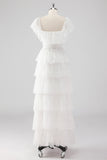 White A Line Square Neck Tiered Wedding Party Dress