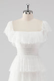 White A Line Square Neck Tiered Wedding Party Dress