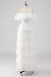 White A Line Square Neck Tiered Wedding Party Dress