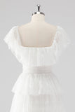 White A Line Square Neck Tiered Wedding Party Dress