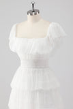 White A Line Square Neck Tiered Wedding Party Dress