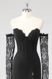 Black Sheath Cold Shoulder Corset Lace Formal Dress With Long Sleeves