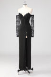 Black Sheath Cold Shoulder Corset Lace Formal Dress With Long Sleeves