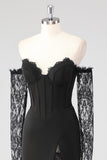 Black Sheath Cold Shoulder Corset Lace Formal Dress With Long Sleeves