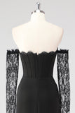 Black Sheath Cold Shoulder Corset Lace Formal Dress With Long Sleeves