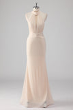 Cream Mermaid Halter Cut Out Beaded Long Formal Dress with Lace Up Back