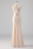Cream Mermaid Halter Cut Out Beaded Long Formal Dress with Lace Up Back