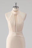 Cream Mermaid Halter Cut Out Beaded Long Formal Dress with Lace Up Back