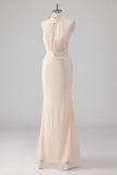 Cream Mermaid Halter Cut Out Beaded Long Formal Dress with Lace Up Back