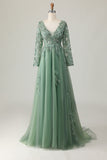 Sparkly Sage A-Line V-Neck Appliqued Long Prom Dress with Long Sleeves