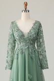 Sparkly Sage A-Line V-Neck Appliqued Long Prom Dress with Long Sleeves
