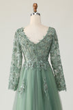 Sparkly Sage A-Line V-Neck Appliqued Long Prom Dress with Long Sleeves