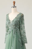 Sparkly Sage A-Line V-Neck Appliqued Long Prom Dress with Long Sleeves