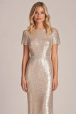 Sparkly Apricot Sheath Sequins Long Mother of the Bride Dress with Short Sleeves