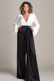Deep V-Neck Satin Long Sleeves White and Black Mother of the Bride Jumpsuits