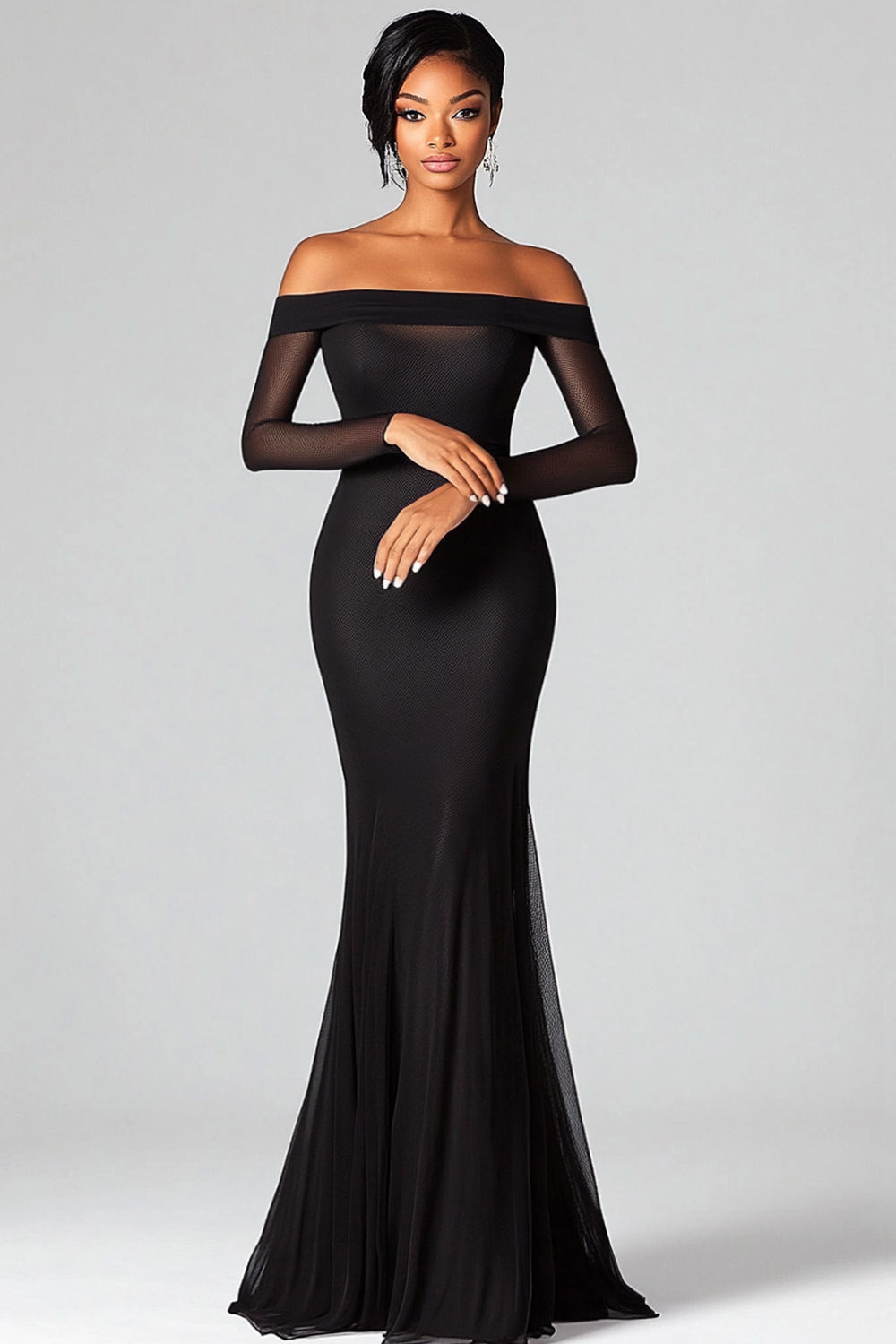 WEDTREND Women Black Formal Dress Sheath Off The Shoulder Long Sleeves Mesh Formal Wear Dress WEDTREND Women Black Formal Dress Sheath Off The Shoulder Long Sleeves Mesh Formal Wear Dress