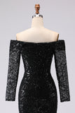 Off The Shoulder Black Sheath Mesh Lace Formal Dress