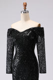Off The Shoulder Black Sheath Mesh Lace Formal Dress