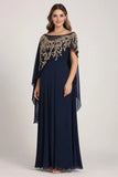 Navy Sheath Chiffon Beaded Mother Of The Bride Dress with Cape
