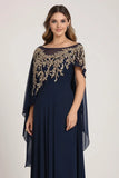 Navy Sheath Chiffon Beaded Mother Of The Bride Dress with Cape
