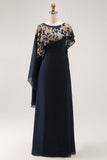 Navy Sheath Chiffon Beaded Mother Of The Bride Dress with Cape