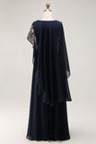 Navy Sheath Chiffon Beaded Mother Of The Bride Dress with Cape
