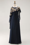 Navy Sheath Chiffon Beaded Mother Of The Bride Dress with Cape