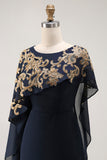 Navy Sheath Chiffon Beaded Mother Of The Bride Dress with Cape