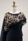 Navy Sheath Chiffon Beaded Mother Of The Bride Dress with Cape