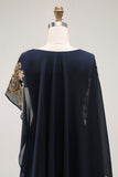 Navy Sheath Chiffon Beaded Mother Of The Bride Dress with Cape