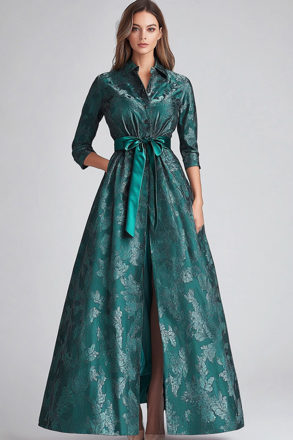 WEDTREND Women Dark Green Floral A Line Mother of Bride Dress with Pockets 3/4 Sleeves Long Wedding Guest Dress with Belt WEDTREND Women Dark Green Floral A Line Mother of Bride Dress with Pockets 3/4 Sleeves Long Wedding Guest Dress with Belt