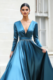 Dark Blue A-Line V Neck Long Prom Dress with Long Sleeves