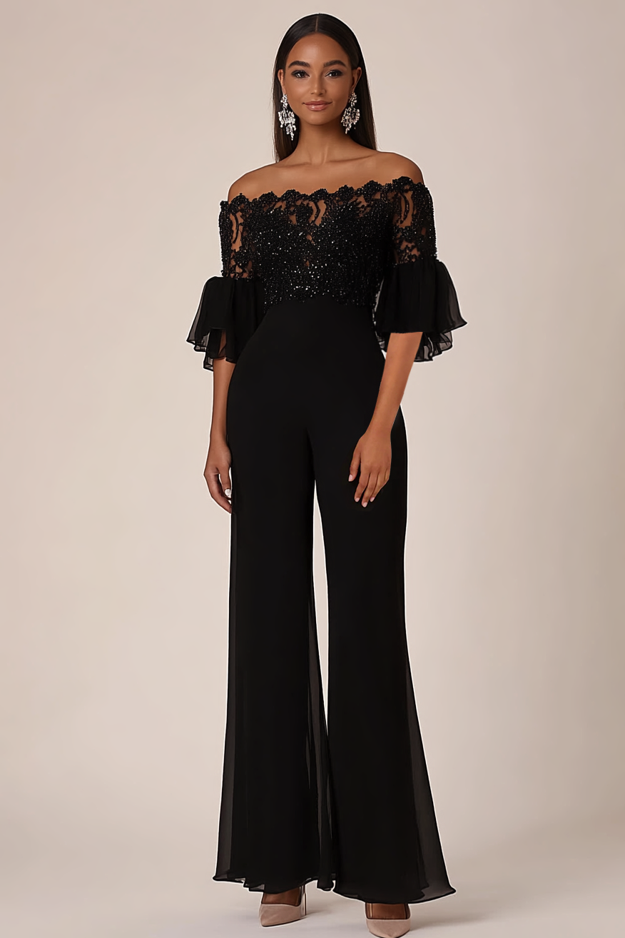 Wedtrend Women Black Off the Shoulder Half Sleeves Chiffon Long Jumpsuits WEDTREND Wedtrend Women Black Off the Shoulder Half Sleeves Chiffon Long Jumpsuits WEDTREND