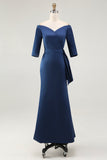 Navy Sheath Off The Shoulder Long Mother Of The Bride Dress with Sash